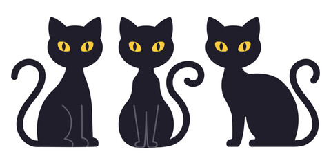 Cute black cats illustration with yellow eyes. Simple Halloween design element perfect for spooky decorations, posters, stickers, card, printable and digital art. Flat vector. Isolated background.