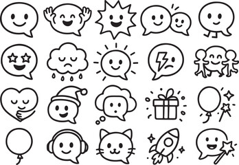 Playful cartoon conversation bubbles and icons set fun expressive emoticons chat messages communication elements