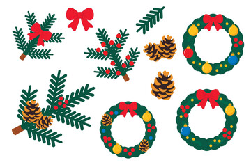 A set of Christmas fir branches, wreaths, and garlands in a flat design style. Red bows, pine cones, berries, and Christmas tree baubles