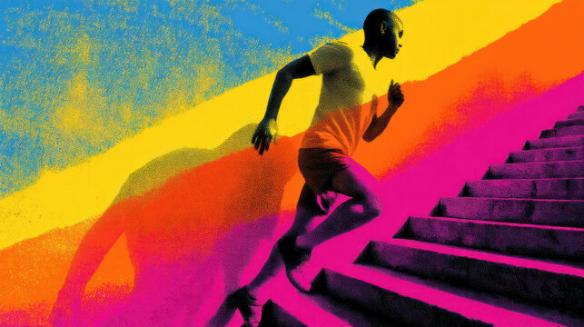 A stylized image of a person running up concrete steps against a gradient colored background
