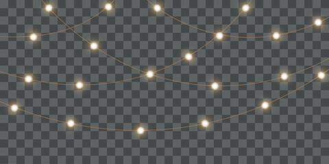 Festive Christmas light gold garlands PNG. Decor element for postcards, invitations, backgrounds, business cards. Winter new collection