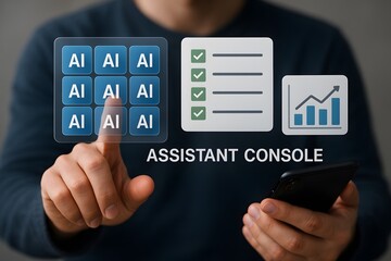 A person interacting with an AI assistant console, representing innovative technology and smart solutions.