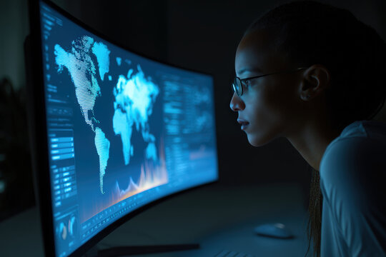 Woman Analyzing Global Market Dashboard on Curved Ultrawide Screen - Powered by Adobe