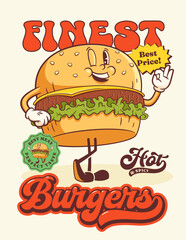 Groovy Burger Retro Character Poster. Cartoon Smiling Hamburger Advertising Banner Card with Price Stickers. Vector Fast Food Restaurant Funky Mascot Template. Happy Vintage Cool Illustration Isolated