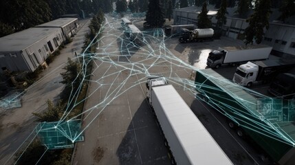 Medium shot showing virtual modeling of logistics routes for waste transportation emphasizing efficient routing and load optimization through animated digital twin interfaces.