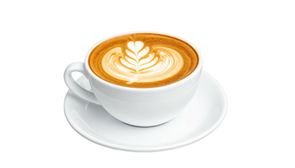 A cappuccino with latte art in a white ceramic cup on a matching saucer, isolated