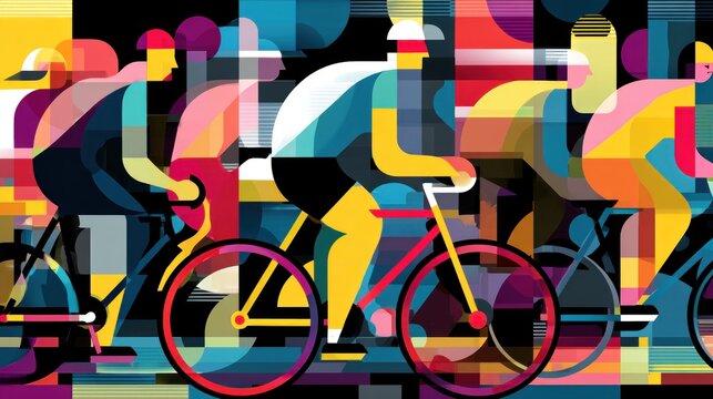 Abstract illustration of cyclists racing in a fragmented, colorful style