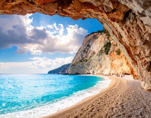 Sunny beach vista through a cave arch