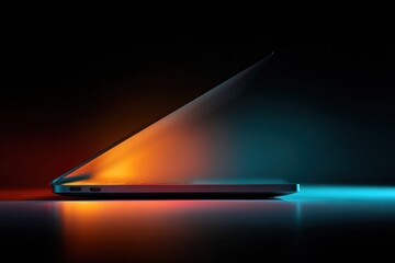 Profile of slim laptop, screen brightly illuminated with orange-red and turquoise-blue light on dark background, abstract technological concept