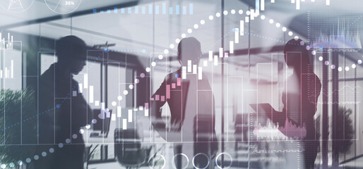 Financial histograms against the backdrop of offices. 2025 Finance background