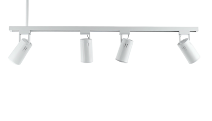 Sleek, white track lighting system with four adjustable spotlights hanging against a black void