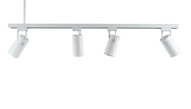 Sleek, white track lighting system with four adjustable spotlights hanging against a black void