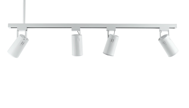 Sleek, white track lighting system with four adjustable spotlights hanging against a black void