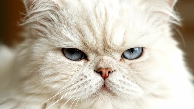 Close-up of a fluffy white Persian cat staring intently with blue eyes, conveying a serene mood against a blurred neutral background.