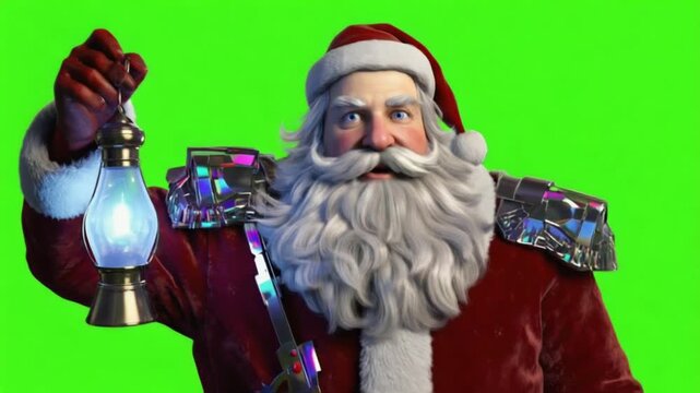 Santa claus holding a lantern with green screen background and futuristic shoulder pads design christmas green screen video