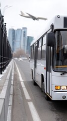 An airplane approaches landing while a bus drives along the road, showcasing the hustle and bustle of travel on a clear day
