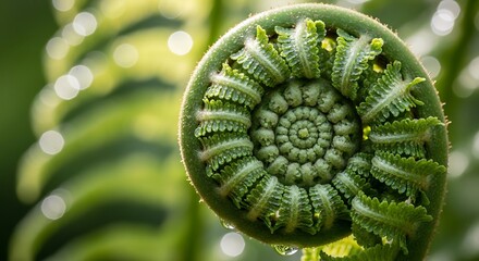 Obraz premium Close up of a green fern frond unfurling in a spiral pattern.