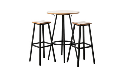 A high table and two stools, all with white tops, dark frames, against a black background