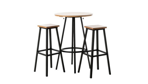 A high table and two stools, all with white tops, dark frames, against a black background