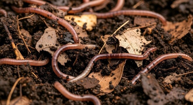 Earthworms squirm through dark brown soil amidst dry leaves. Moody, earthy tones dominate. Concept: nature's underground work. AI Generated