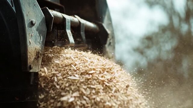 A wood shredding machine in action, processing a pile of wood