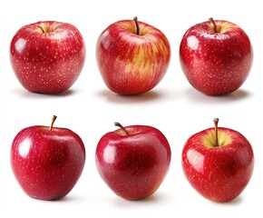 Six fresh, glossy, ripe red apples of different varieties with stems, arranged in two rows, isolated on a white background