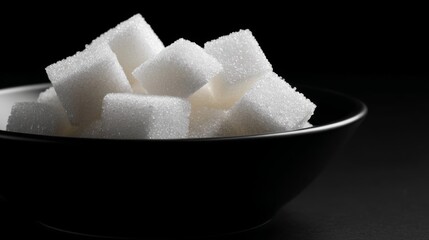 A close-up view of white sugar cubes stacked elegantly in a black bowl. The contrast of colors creates a striking visual effect. Perfect for culinary artwork or health-related content. AI