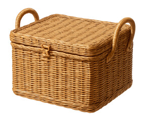 Hinged rattan basket with handles, perfect for storing gardening tools outdoors.