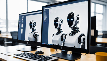 computer monitors on an office desk displaying images of advanced humanoid robots representing ai development and graphic design technology.