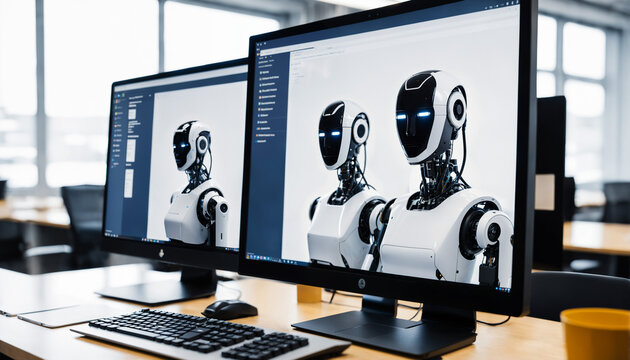 computer monitors on an office desk displaying images of advanced humanoid robots representing ai development and graphic design technology.