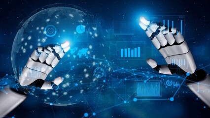 Futuristic robotic hands interact with a digital globe and data visualization, showcasing advanced technology and innovation in the fields of robotics and analytics. Xenic