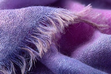 Macro shot of a blurred, soft cashmere or wool scarf in a delicate lavender color with delicate fringe, creating a cozy texture