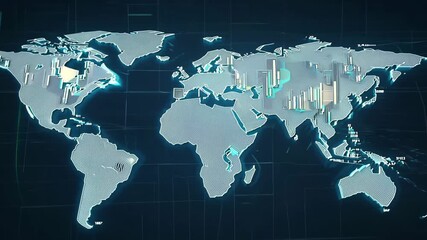 Abstract flat world map glowing dark space, continents outlined by cascading binary numbers, digital aurora lights, soft waves of green blue data streams, futuristic cyber network, elegant minimal 4K - Powered by Adobe