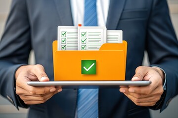 Businessman holding tablet showing folder with checklist documents business concept