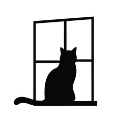 A black cat silhouette sits calmly in a window frame outline
