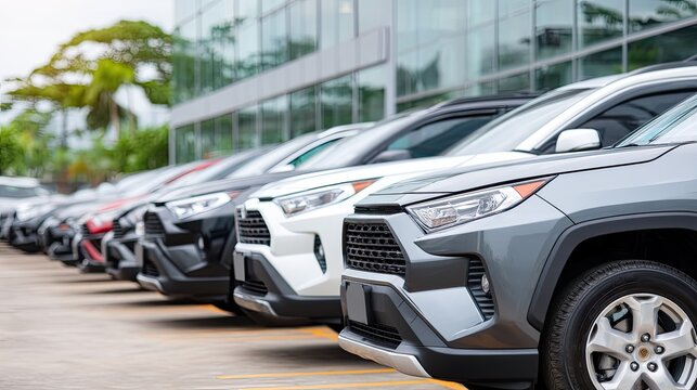 A wide selection of new cars is lined up at a dealership, featuring different colors and models against a cloudy sky backdrop.