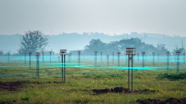 Medium shot showing a network of IoT pest traps strategically placed throughout a farm field transmitting data to a central hub for crop protection