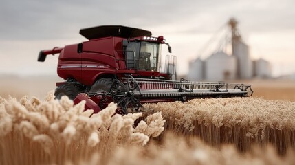 Fototapeta premium A large harvesting machine collects ripe grains in a golden field, set against a backdrop of silos under a cloudy sky