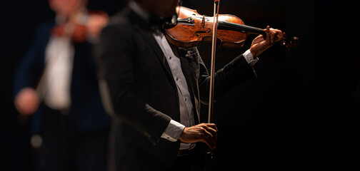 A close-up view of musicians performing on violins during a classical concert, showcasing the elegance and precision of live orchestral performance.