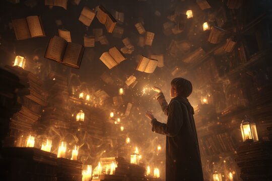 Child in a library casting a spell that causes books to levitate around them
