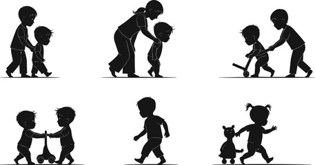 Children walking, playing, interacting, pulling toys, pushing scooters, guided by adults, showing early childhood development, motor skills, preschool activity, toddler mobility, infant care