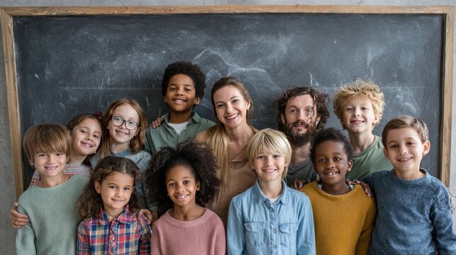Diverse group of elementary students with teachers posing in front of a chalkboard