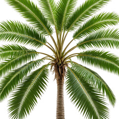 Overhead shot of a vibrant, green palm tree against a dark background