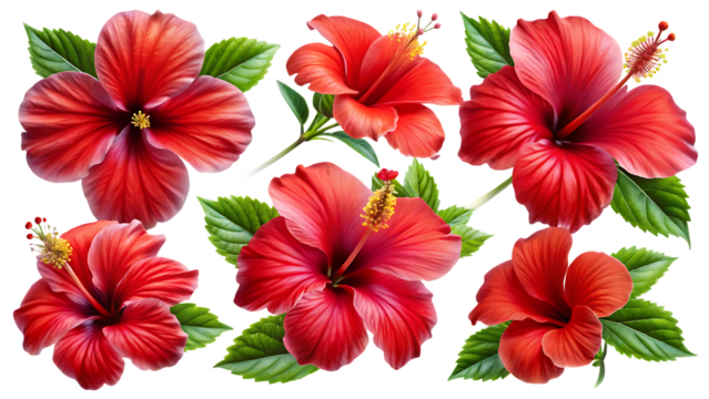 set of tropical red hibiscus flowers isolated on white background PNG , AI GENERATED  - Powered by Adobe