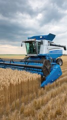 Obraz premium A combine harvester works diligently in wheat fields during a vibrant sunset, casting a warm glow over the landscape