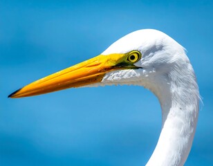 Close-up profile of a white egret's head and neck against a vibrant blue sky