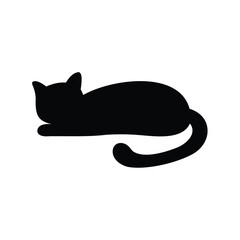 Black cat silhouette isolated against white backdrop, sleeping in a curled position