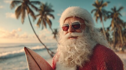 Close-up of Santa Claus in sunglasses and a traditional costume, smiling and holding a surfboard on a tropical beach with palm trees against the sea and a golden sunset