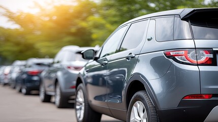Rows of vehicles are parked in a lot as the sun sets, highlighting various designs and colors under a warm glow