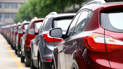 Rows of vehicles are parked in a lot as the sun sets, highlighting various designs and colors under a warm glow